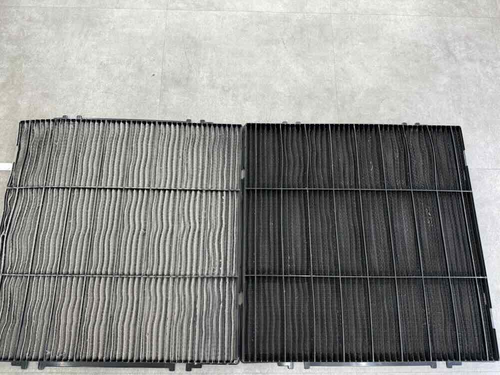 汚れたフィルターと新品のフィルター